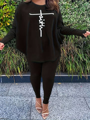 Plus Size Casual Outfit Women's Plus Cross Letter Print Top & Pants Set