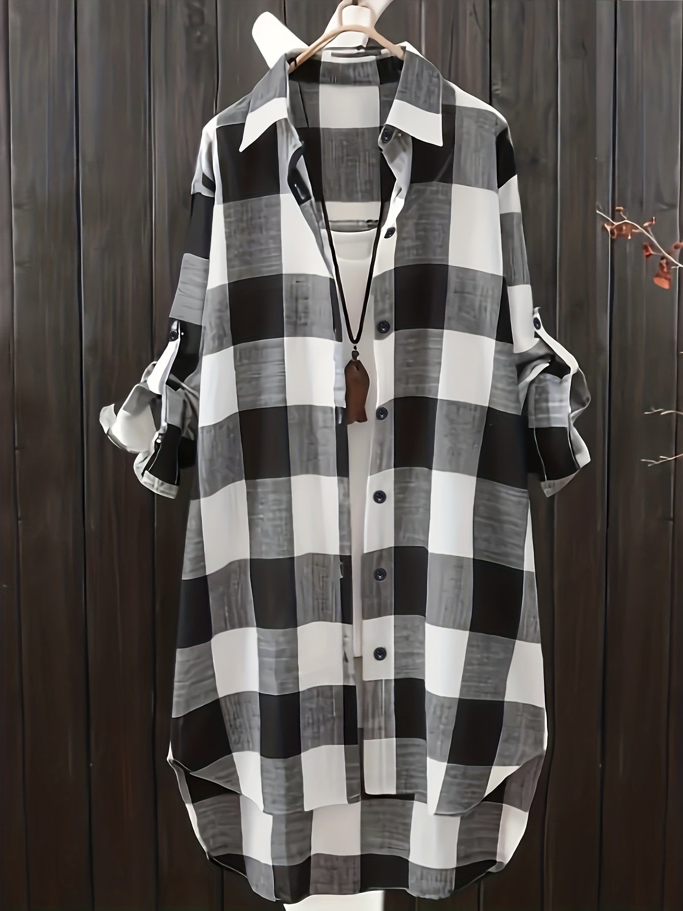  Gingham Button Up Collar Blouse