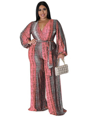  Colorblock Long Sleeve Jumpsuit With Belt