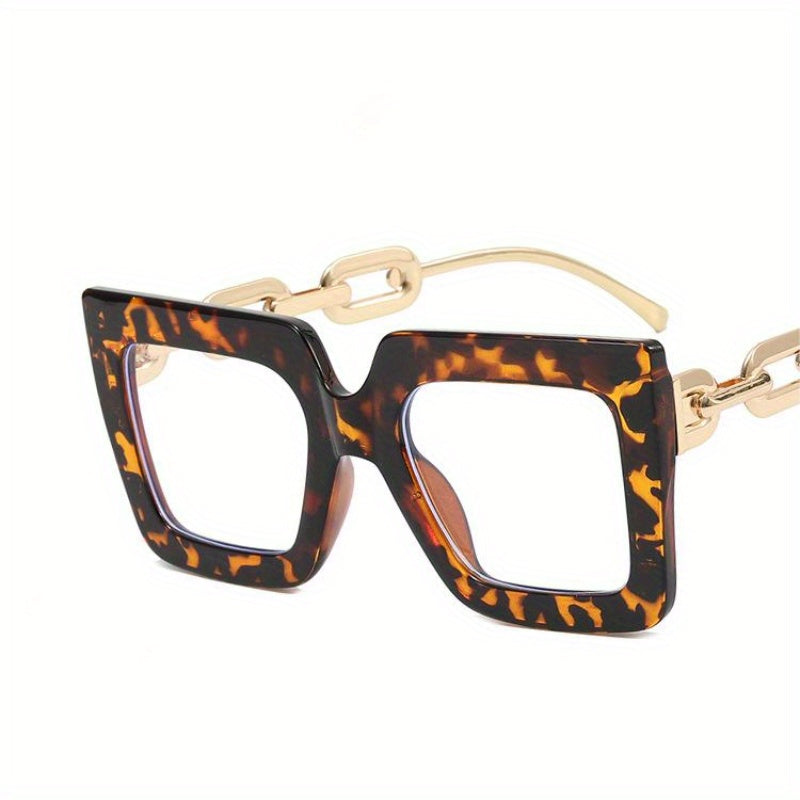 Square Clear Lens Glasses Y2K Chain Temple Anti Light Eyewear