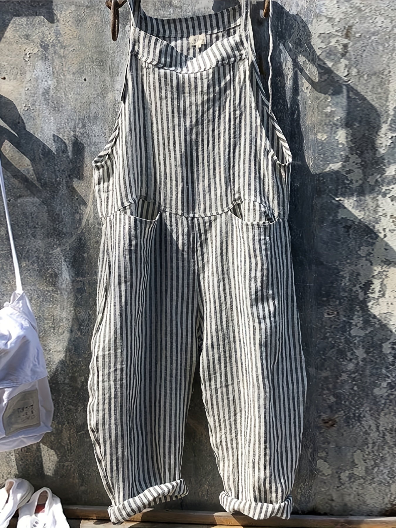 Striped Wide Leg Jumpsuit Dual Pockets Sleeveless Women's Clothing