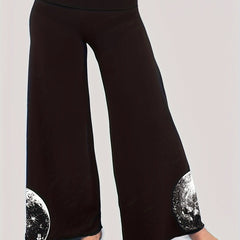 Women's Plus Moon Print Wide Waistband Wide Leg Medium Stretch Trousers