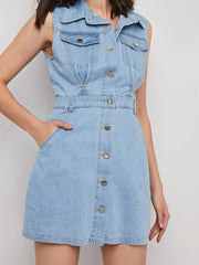 Button Denim Dress Flap Pockets Sleeveless Non Stretch Lapel Denim Dress