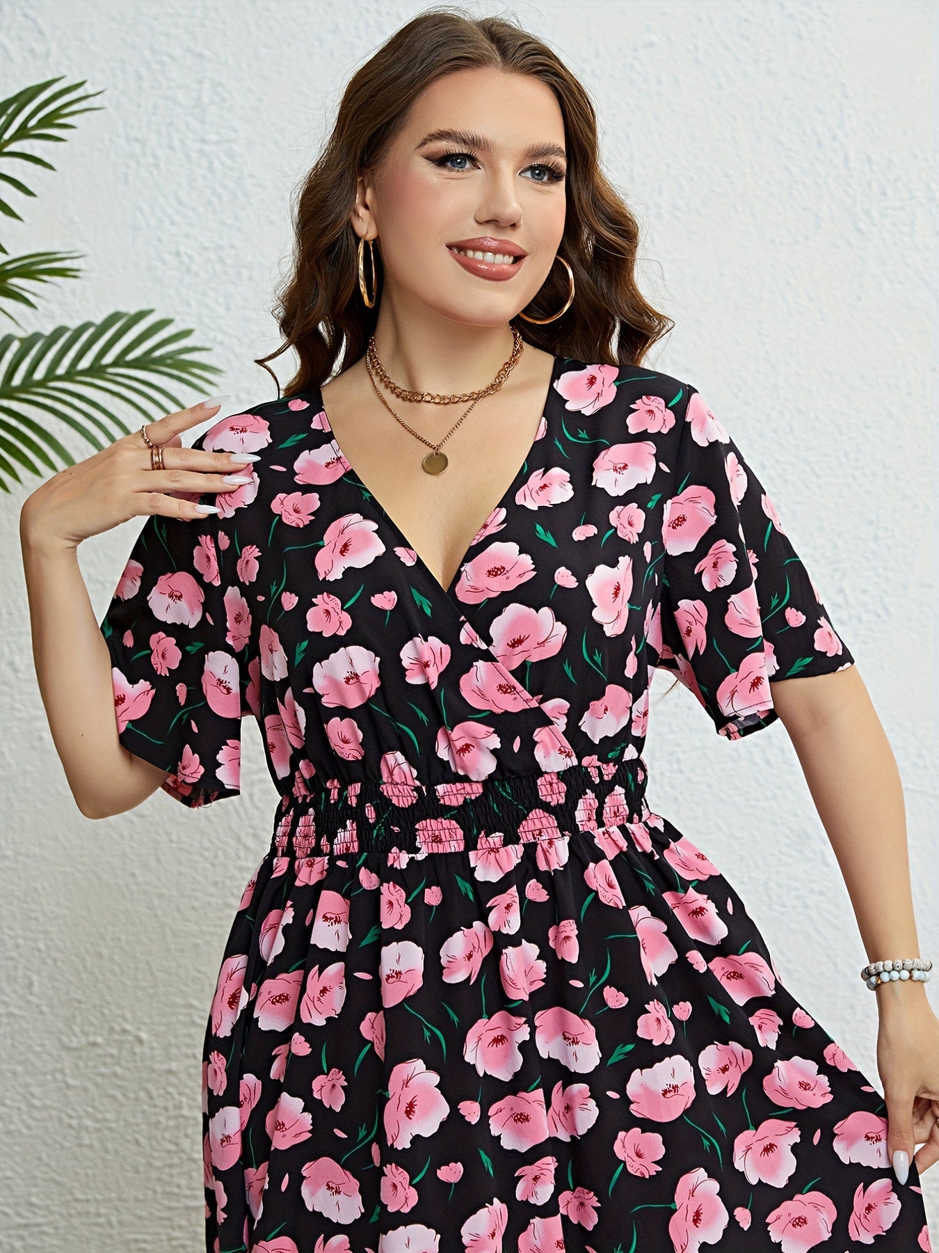  Floral Print Wrap V Neck Summer Dress