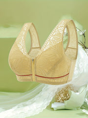  Leaf Jacquard Zipper Front Lace Bra
