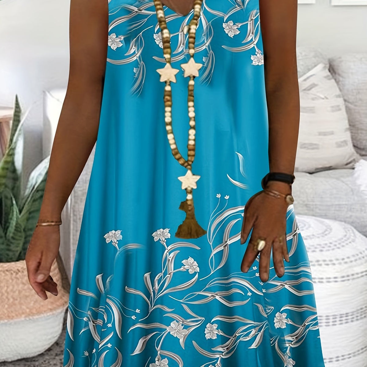  Floral Print V Neck Tank Dress