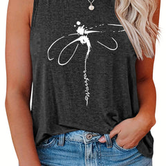 Dragonfly Print Round Neck Plus Size Tank Top