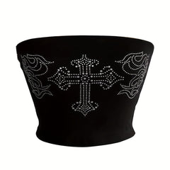 Rhinestone Graphic Pattern Tube Top Gothic Summer Sleeveless Top