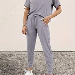 Casual Two-Piece Set Crew Neck Short Sleeve Tops & Drawstring