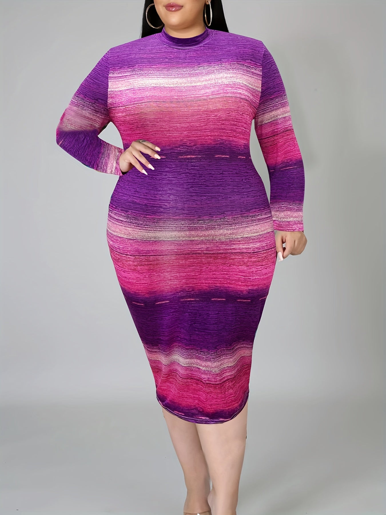  Colorblock Long Sleeve Mock Neck Midi Slim Fit Dress