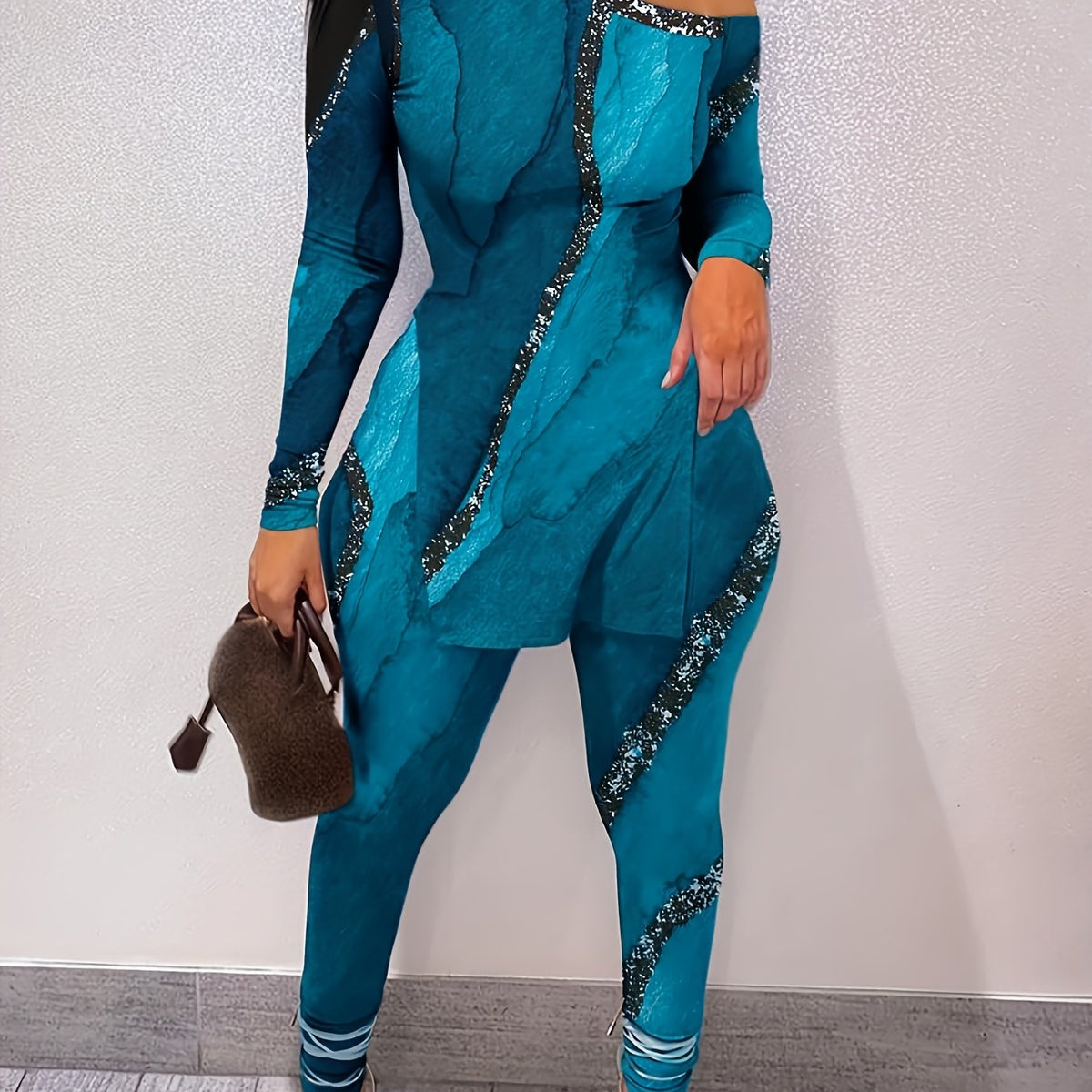 Marble Print Casual Two piece Set Cold Shoulder Split Tops & Long Length Pants