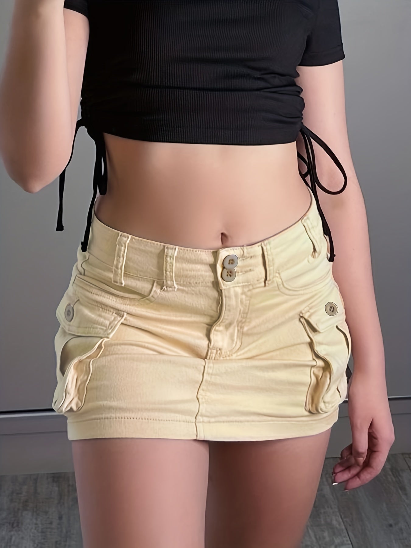 Khaki Denim Skirt with Flap Pockets