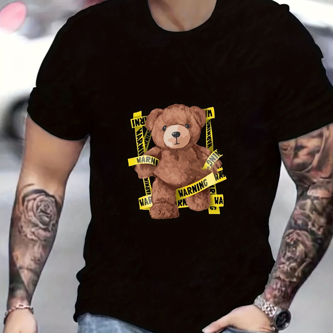 Teddy Bear Print Men's Graphic Crew Neck Active T shirt