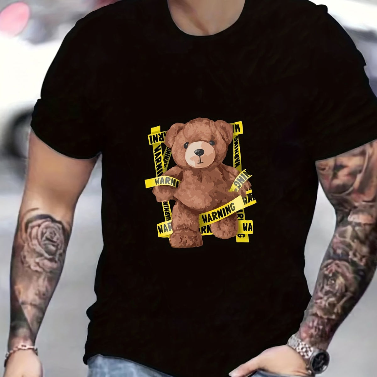 Teddy Bear Print Men's Graphic Crew Neck Active T shirt