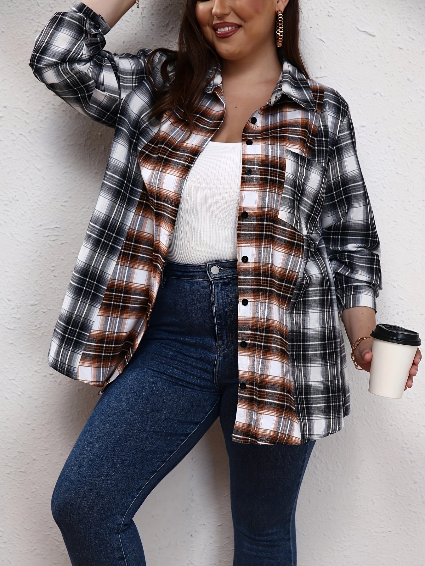  Colorblock Plaid Print Long Sleeve Blouse