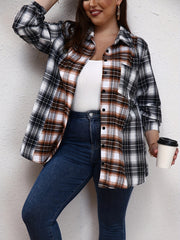  Colorblock Plaid Print Long Sleeve Blouse