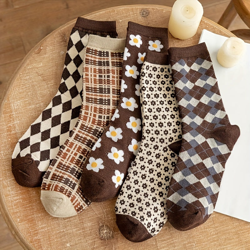 Floral & Plaid Print Socks Retro College Style Women's Stockings