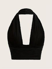 Y2K Textured Crop Halter Top Sexy V Neck Backless Halter Top