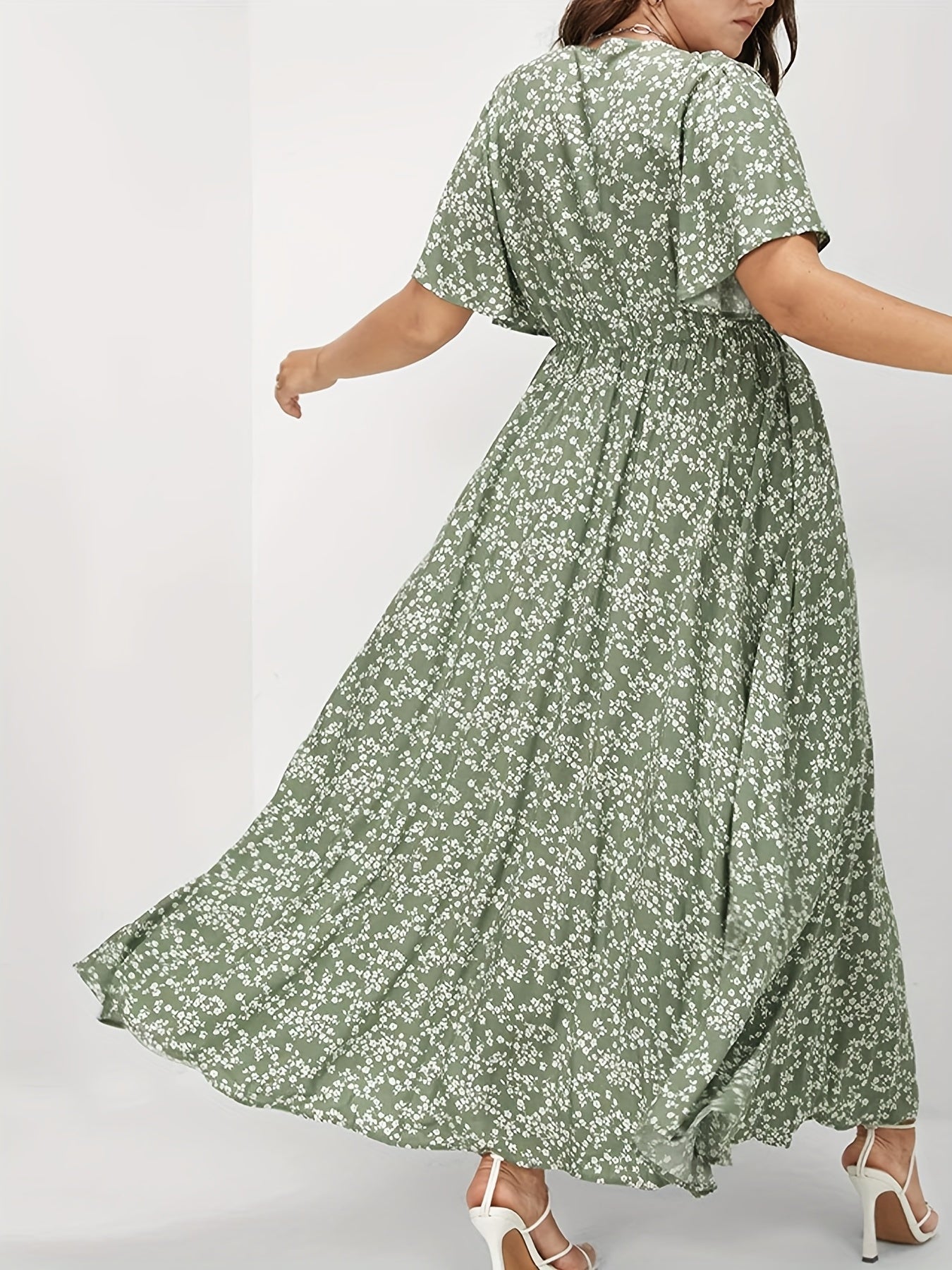  Boho Dress Floral Print Ruffle Sleeve Maxi Dress