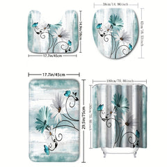 Waterproof Shower Curtain with Flower Pattern Bathroom Rug Set