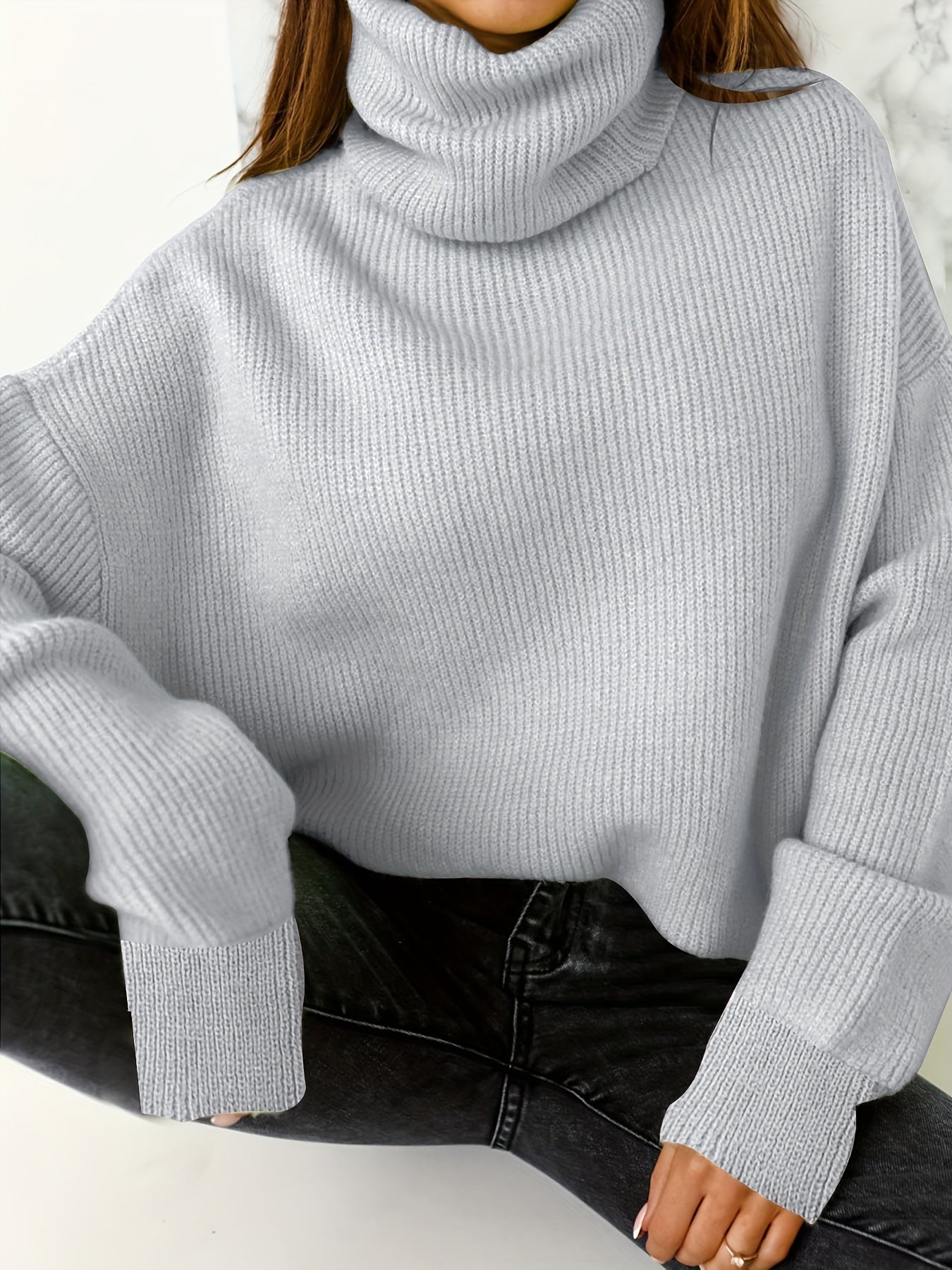  Casual Sweater Women's Plus Solid Long Sleeve Turtle Neck