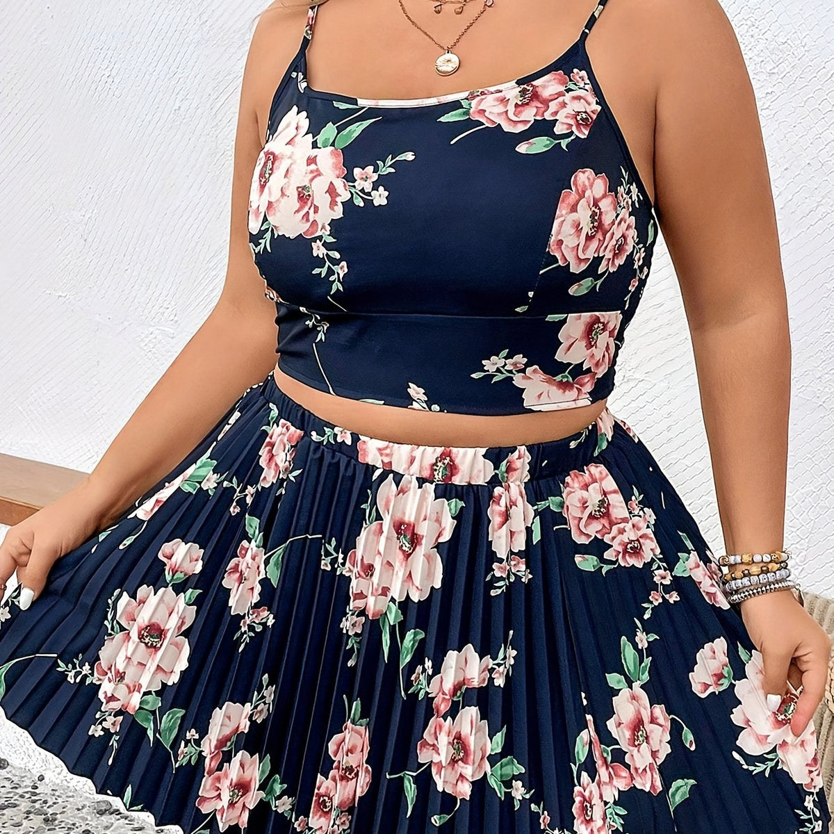 Women's Floral Print Cami Top & Pleated Skirt Set