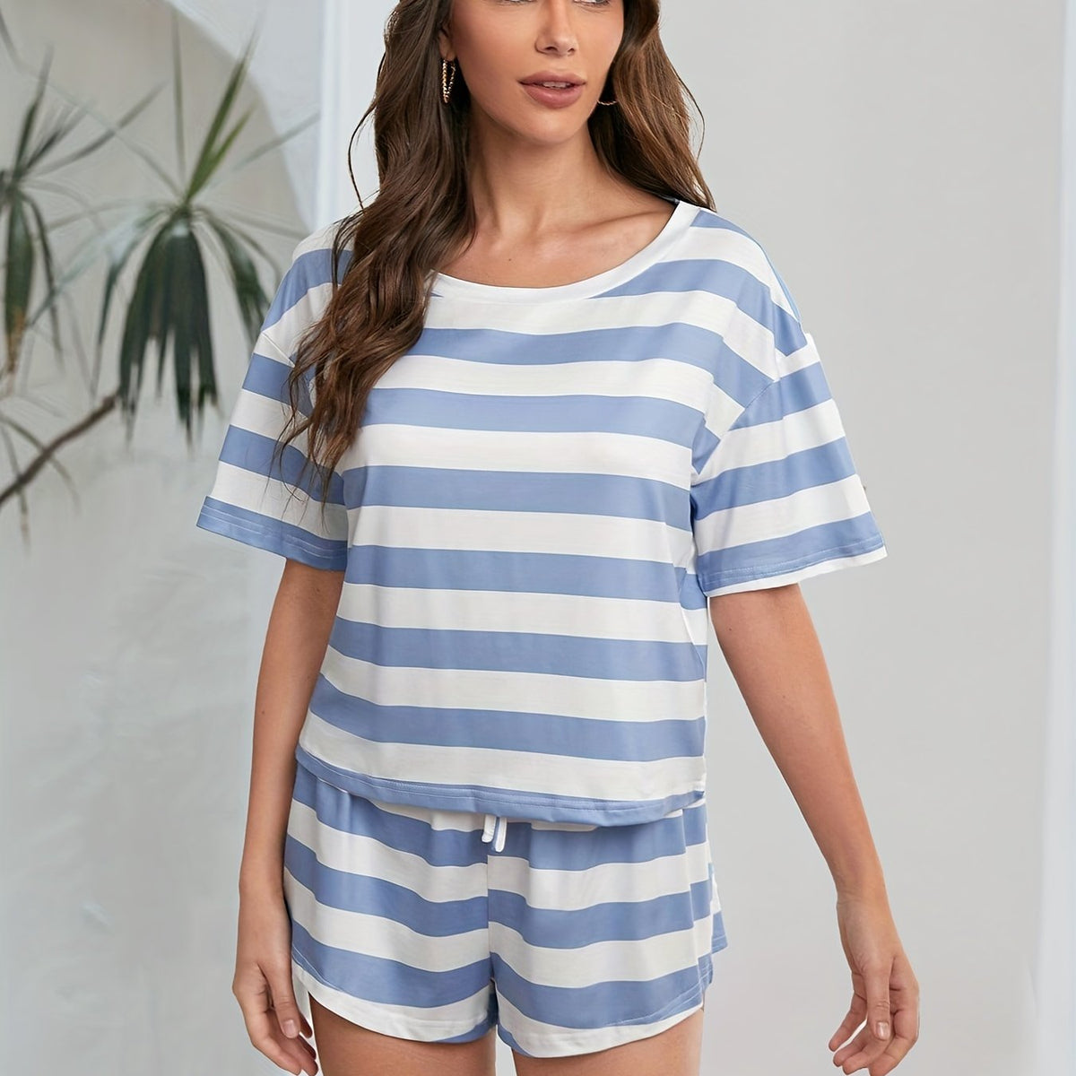 Striped Print Two-piece Set Crew Neck Tee & Drawstring Short