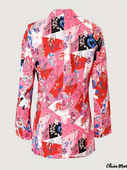  Floral Print Long Sleeve Lapel Collar Blazer