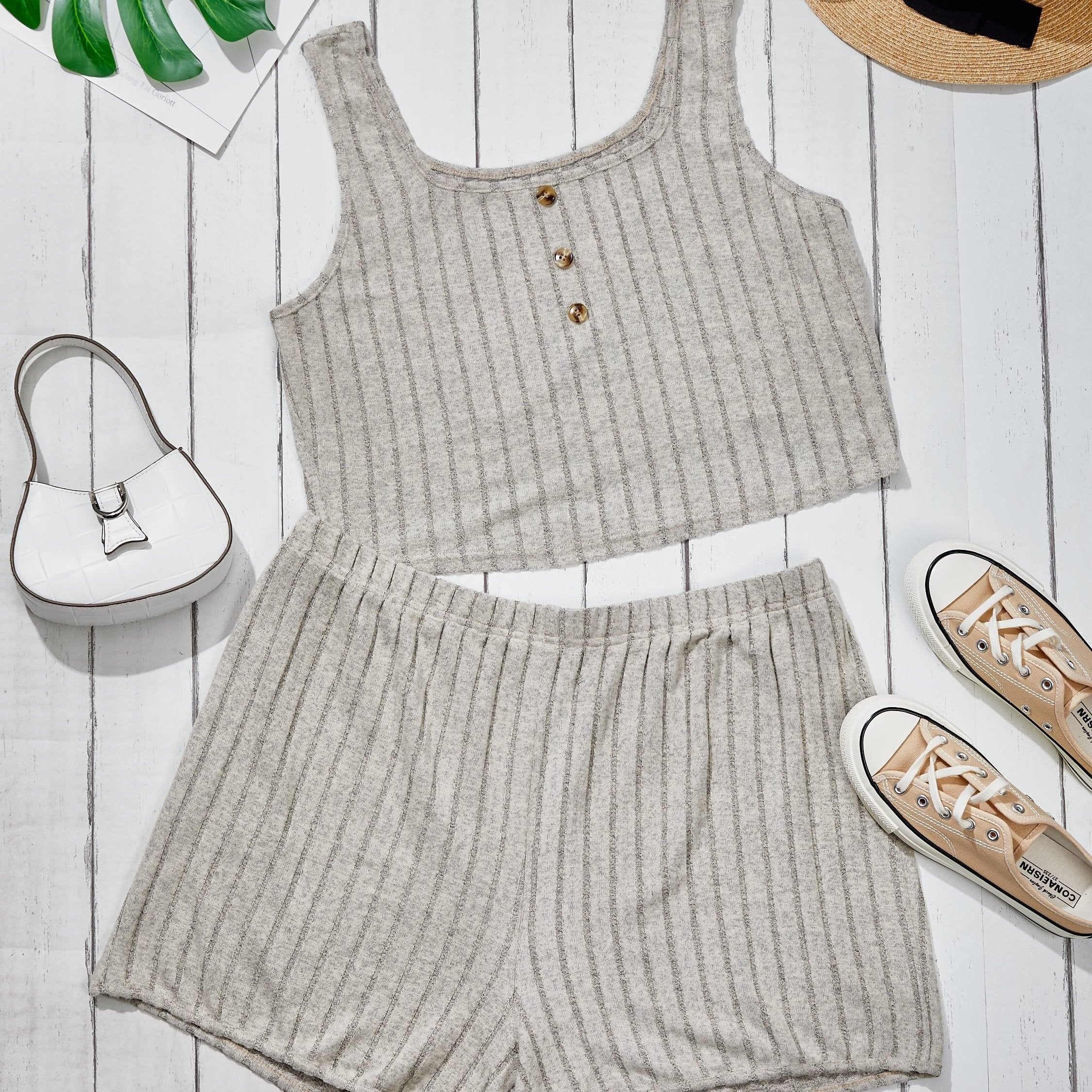  Ribbed Button Crop Tank Top & Shorts Set