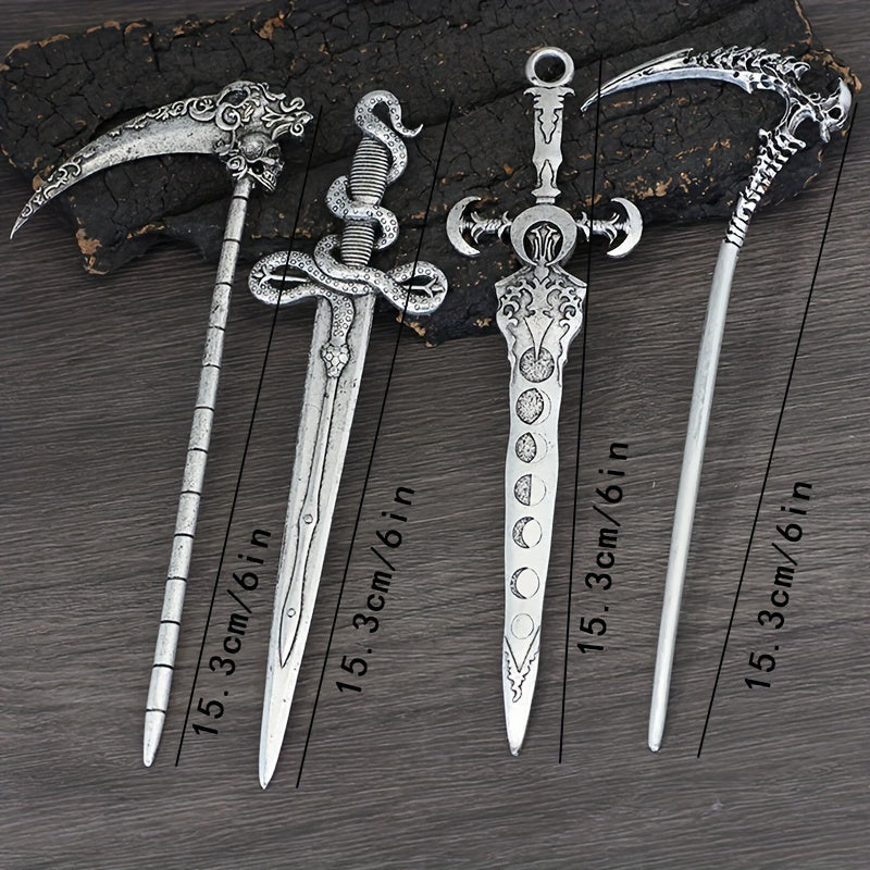 Witch Reaper Skull Hairpin Moon Sword Hair Stick Vintage Snake Sword Hair Clip