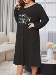  Coffee Print Long Sleeve Round Neck Lounge Dress