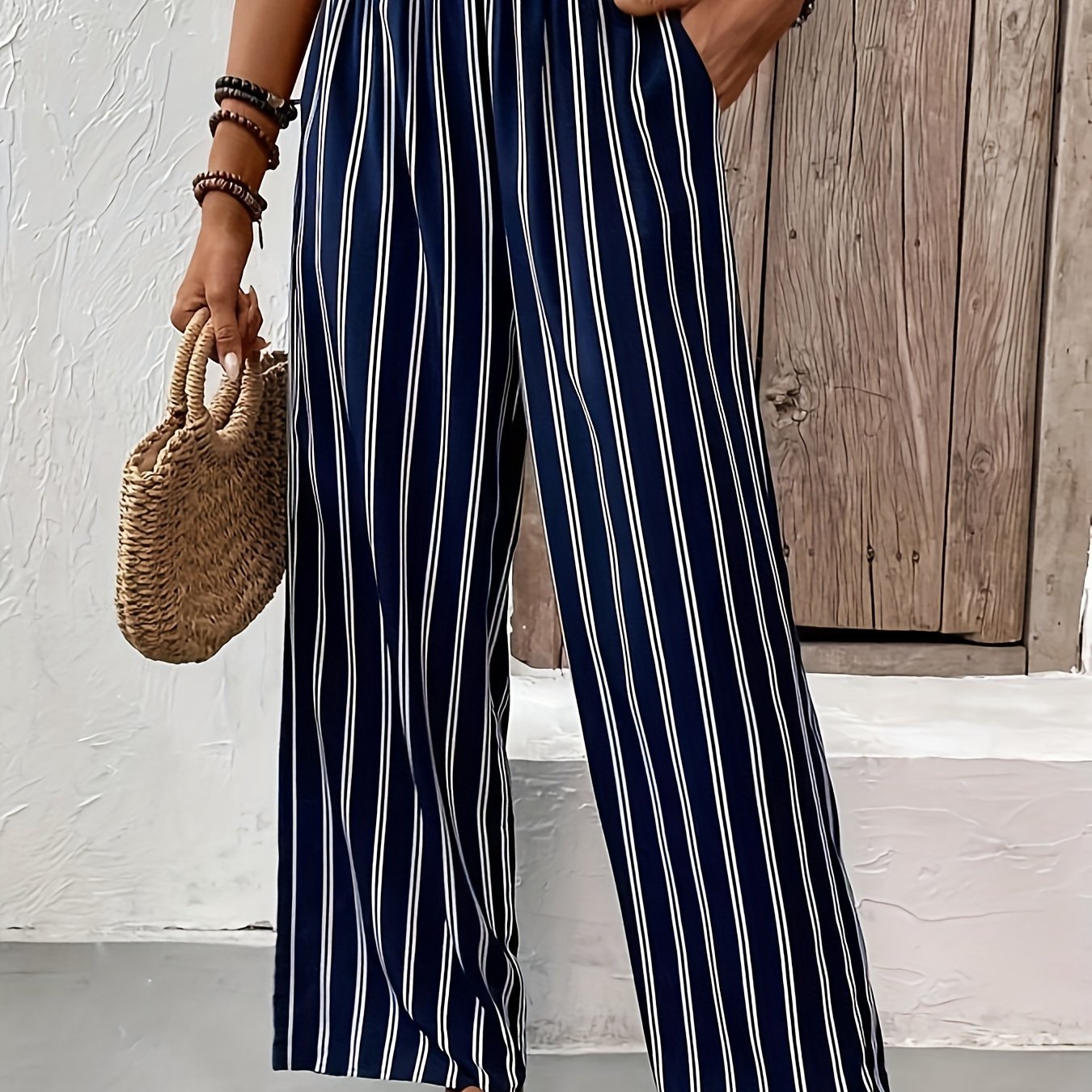  Stripe Print Wide Leg Pants with Pockets