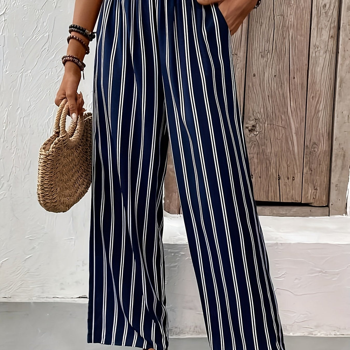  Stripe Print Wide Leg Pants with Pockets