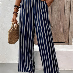  Stripe Print Wide Leg Pants with Pockets
