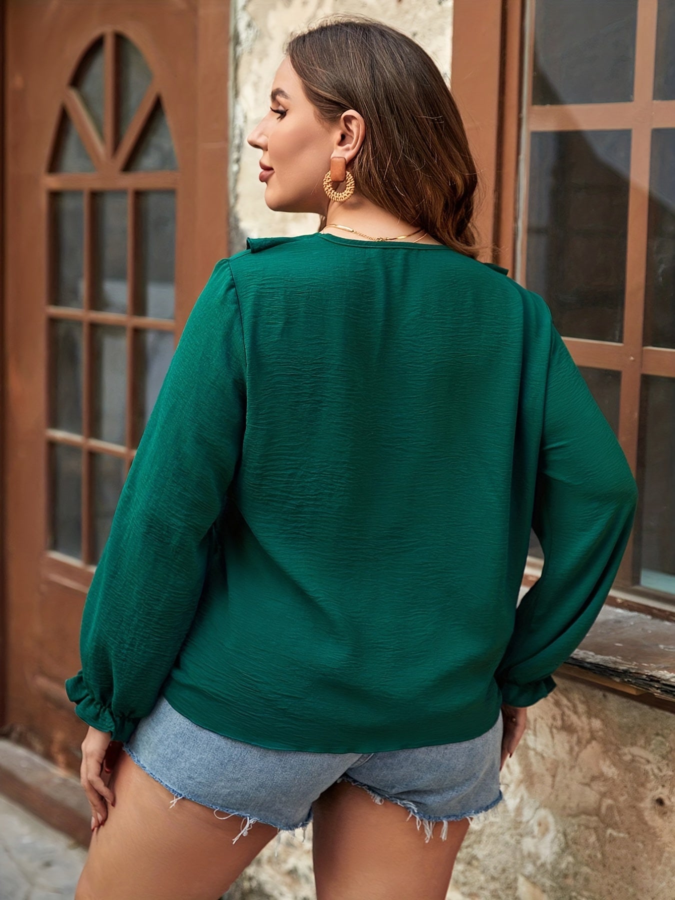  Ruffle Trim V Neck Knot Front Top