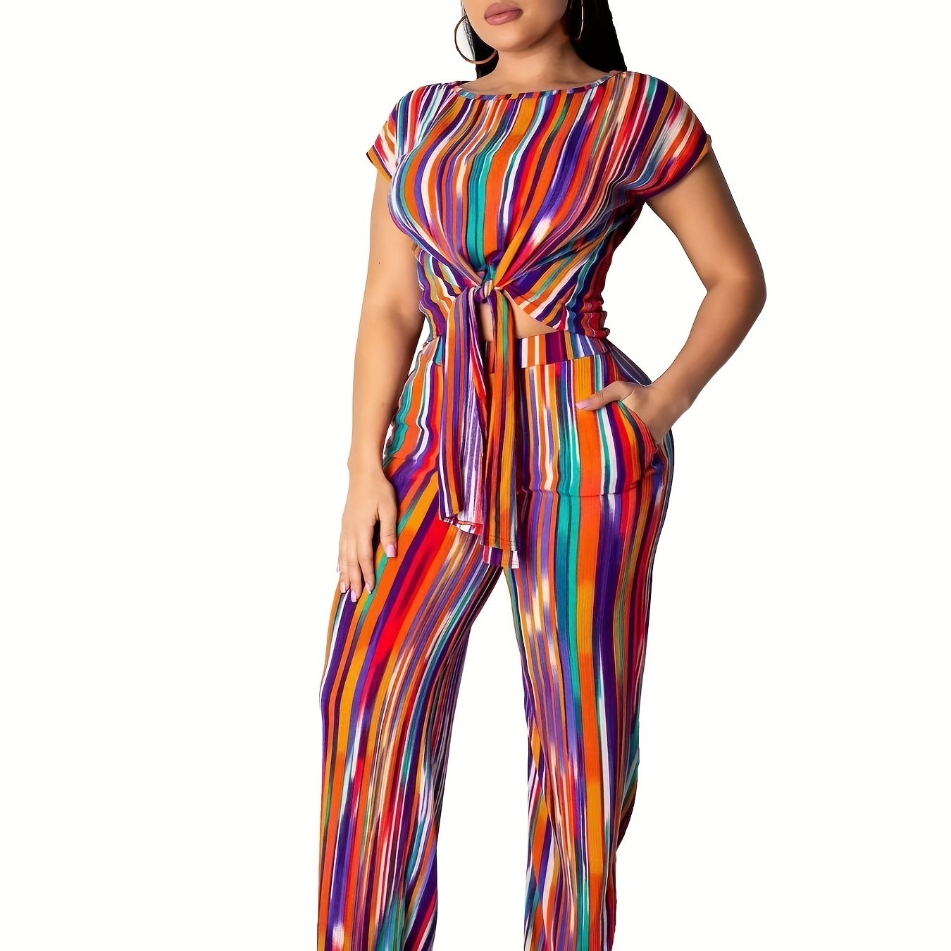  Striped Short Sleeve Crop Top & Pants Outfits Set