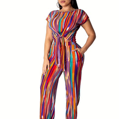  Striped Short Sleeve Crop Top & Pants Outfits Set