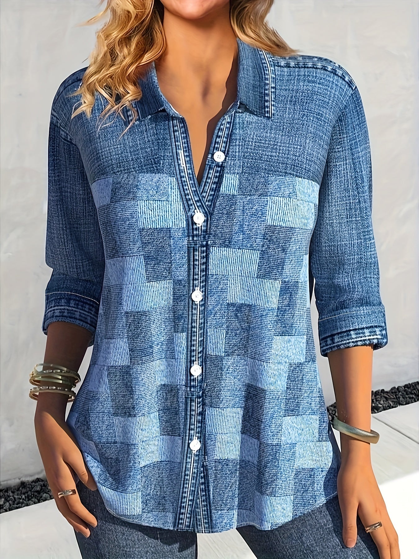  Denim Print Long Sleeve Button Up Shirt
