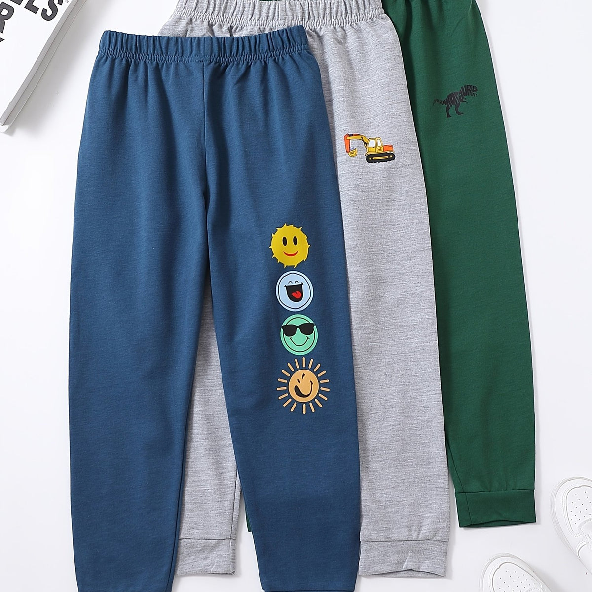 Boys Cartoon Sweatpants Set with Sun Car and Dinosaur Print