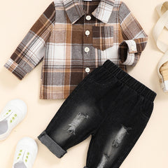 2pc Baby Boys Plaid Shirt & Ripped Denim Jeans Set Toddler Clothes