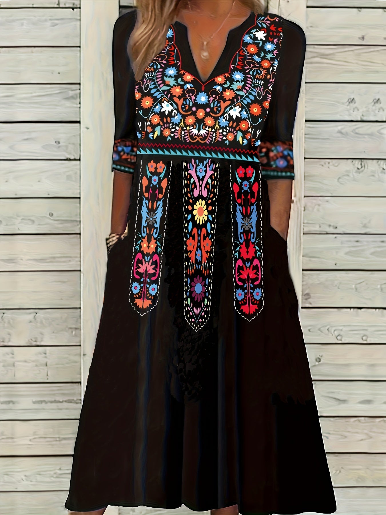  Boho Dress Women's Plus Notched Neck Tribal Print Three Quarter Sleeve