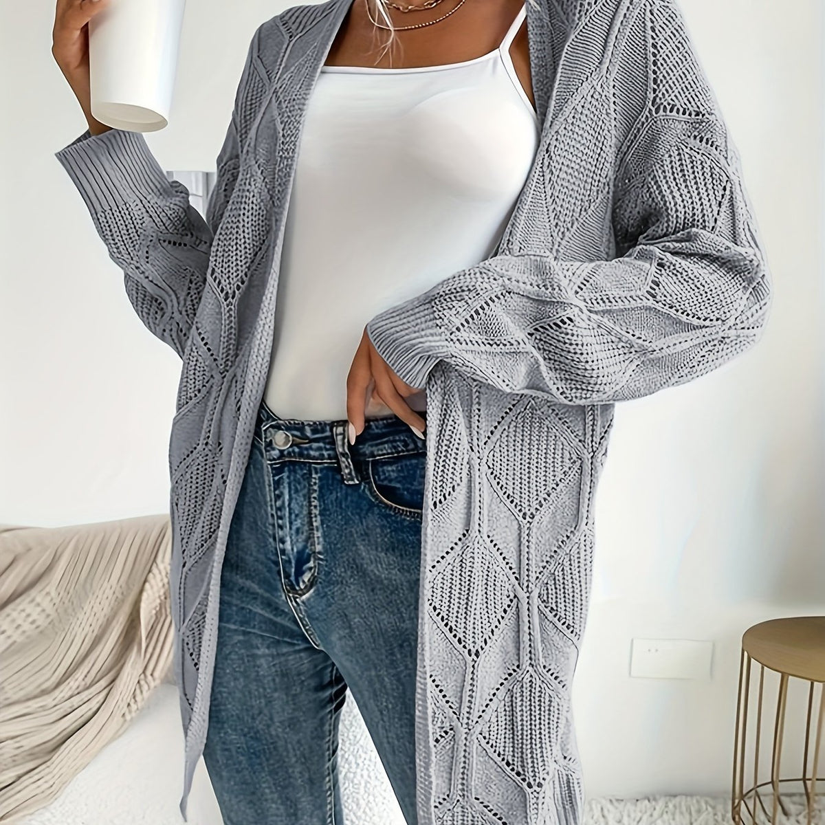  Solid Open Front Cardigan