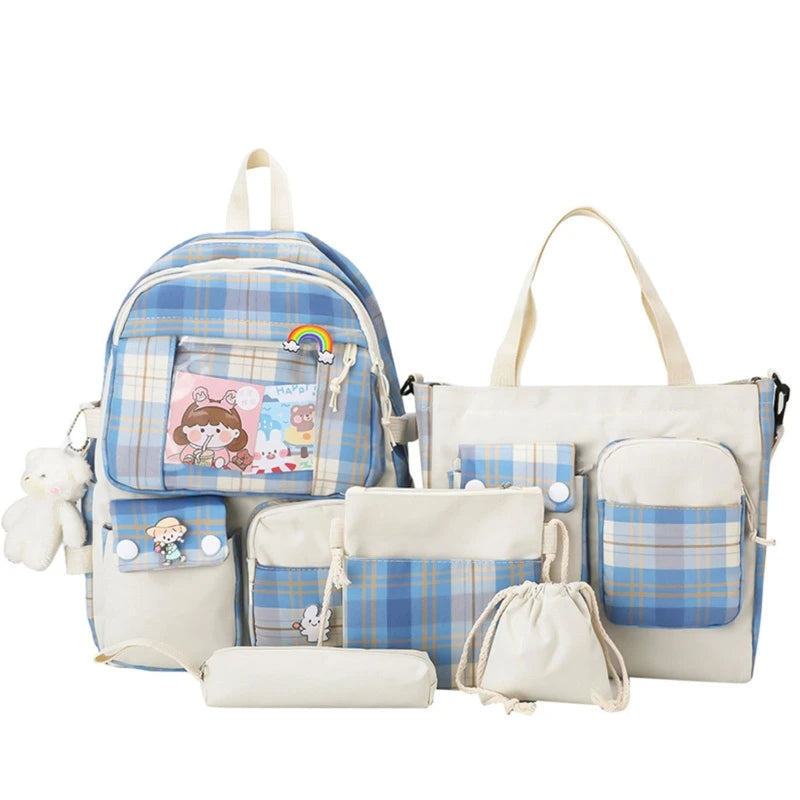 5pcs Plaid Backpack School Bookbags Handbag Shoulder Drawstring Bag