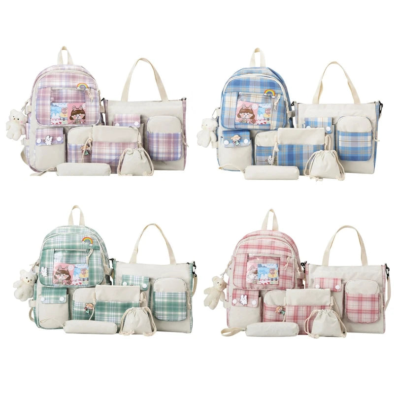 5pcs Plaid Backpack School Bookbags Handbag Shoulder Drawstring Bag