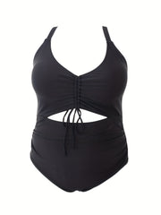  Lace Ruched Cut Out One Piece Swimsuit
