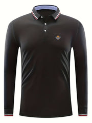 Men's Leopard Head Print Long Sleeve Polo Shirt Casual Slightly Stretch