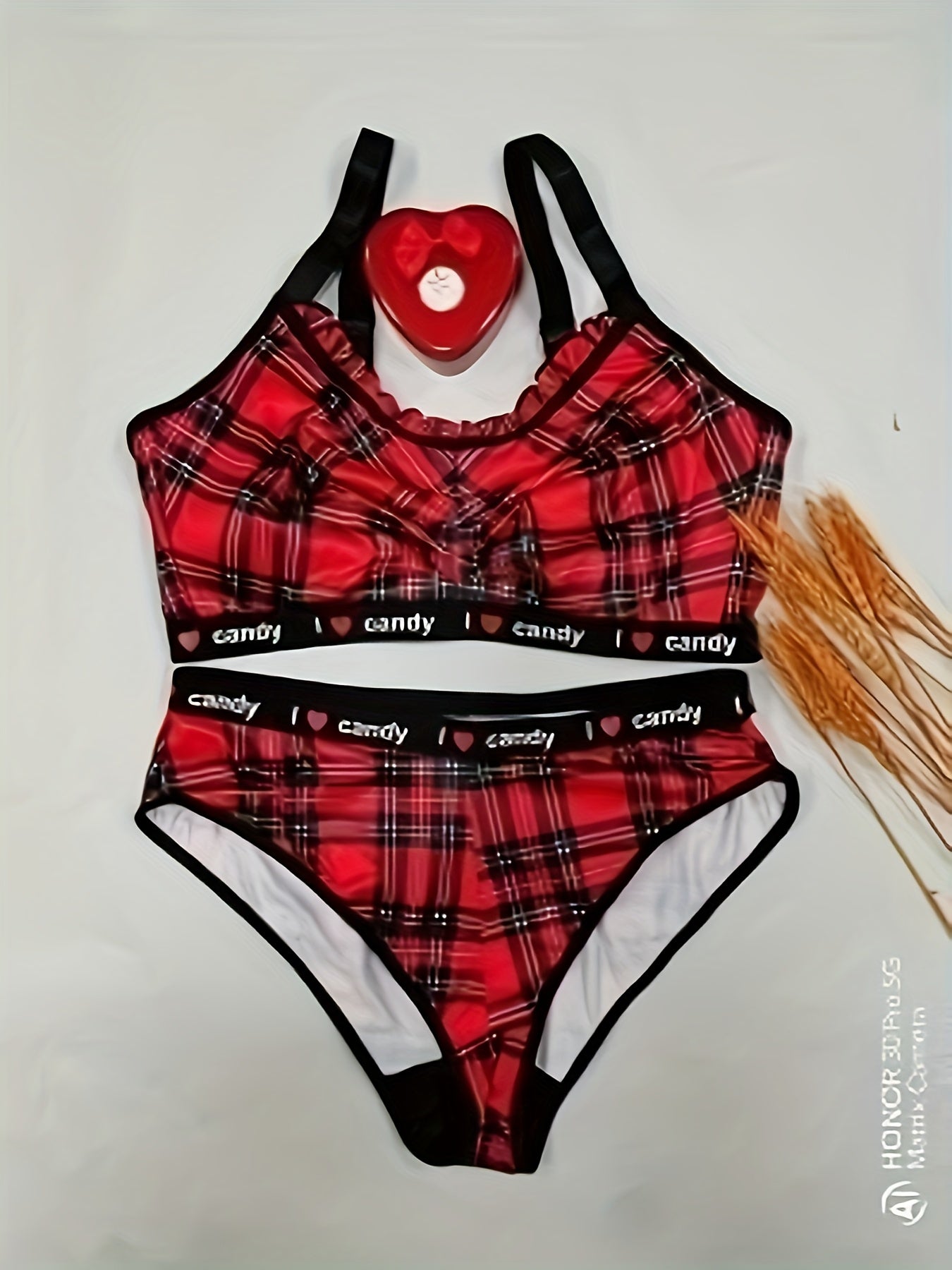  Sexy Lingerie Set Plaid Print Ruched Bra & Panty Christmas Two Piece