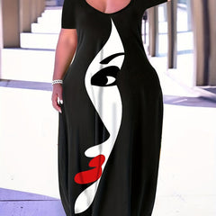  Colorblock Figure Print Maxi Tee Dress