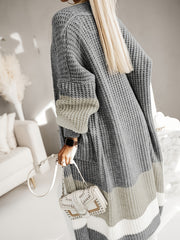 Women's Plus Colorblock Chunky Lantern Sleeve Open Front Longline Knit Cardigan