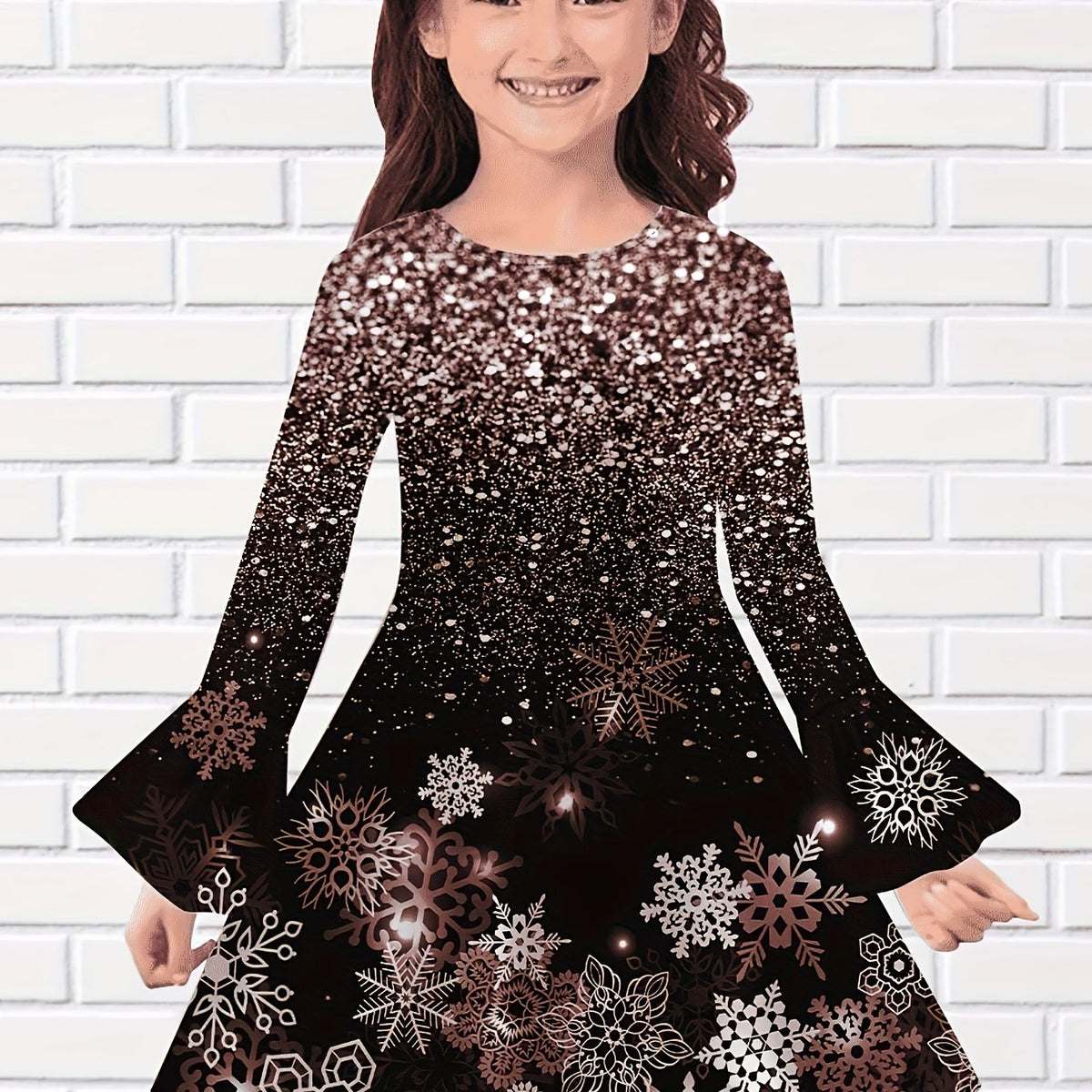 Girls Snowflake Graphic Sequin Print Flare Sleeve Dress Comfy Dresses